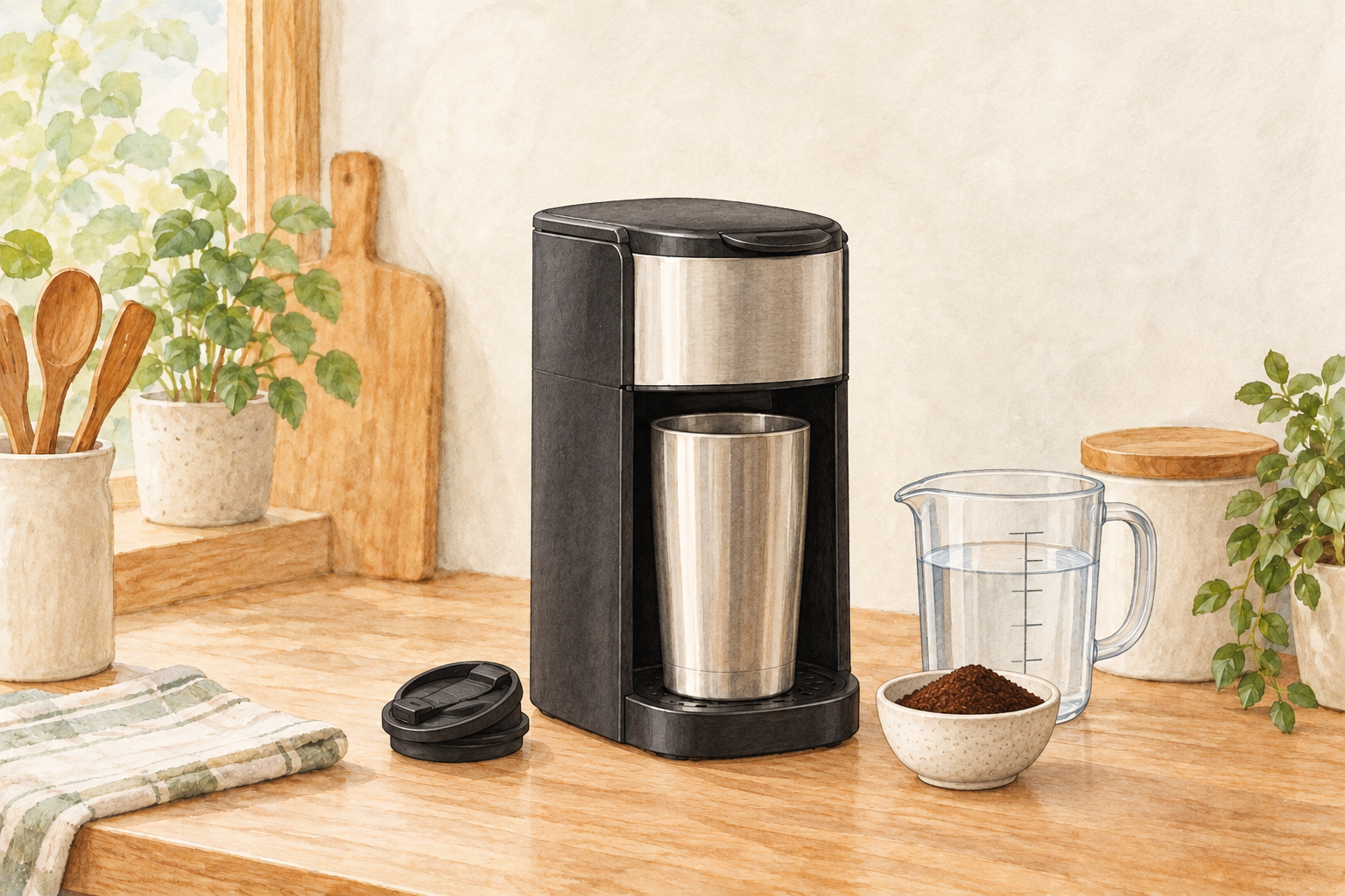専用タンブラー、水差し、コーヒー粉を並べた準備のイラスト