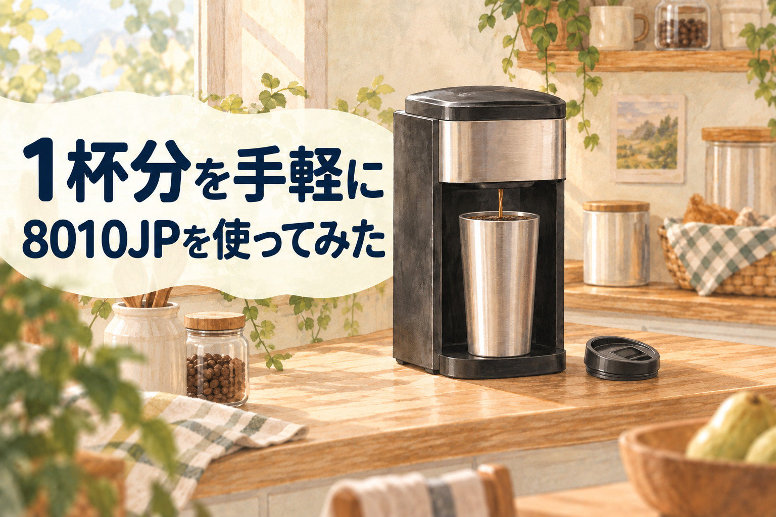 ラッセルホブス8010JPから、ふたを外した専用タンブラーへコーヒーを淹れるイラスト