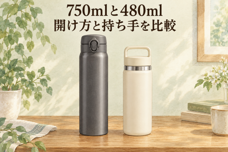 750mlと480mlの開け方と持ち手を比較するイメージ