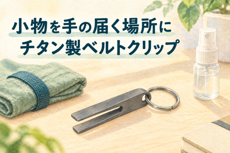 閉じた曲がり側にリングが付いたチタン製ベルトクリップの使用イメージ