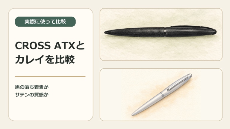 CROSS ATXの黒いボールペンとカレイのサテンクロームを並べた比較イラスト