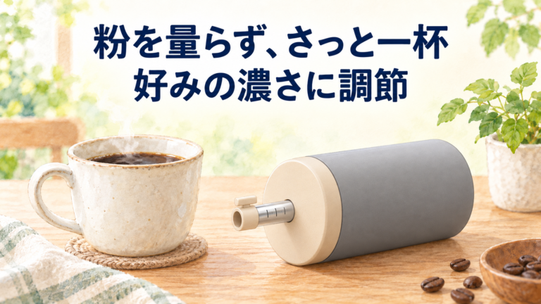 コーヒーメイトとコーヒーカップのイラスト。粉を量らず、さっと一杯。好みの濃さに調節。
