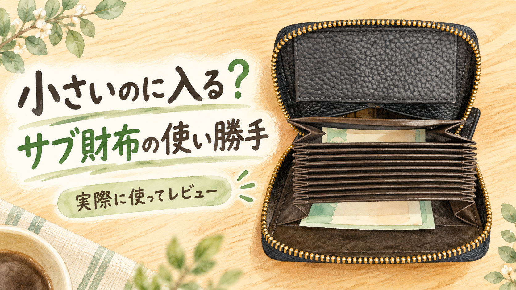 黒いFreelyミニ財布のイラスト。小さいのに入る？サブ財布の使い勝手