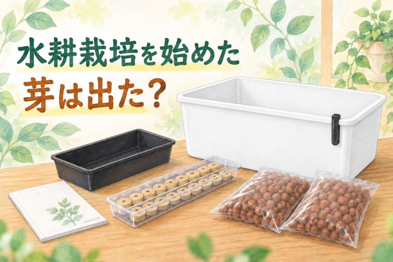 白い育成容器と育苗トレイを描いた水耕栽培キットのイメージ。「水耕栽培を始めた／芽は出た？」の文字入り