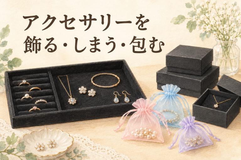 ジュエリートレイ、巾着、小箱によるアクセサリー整理のイラスト