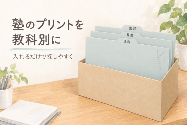 塾のプリントを教科別に整理するイメージ