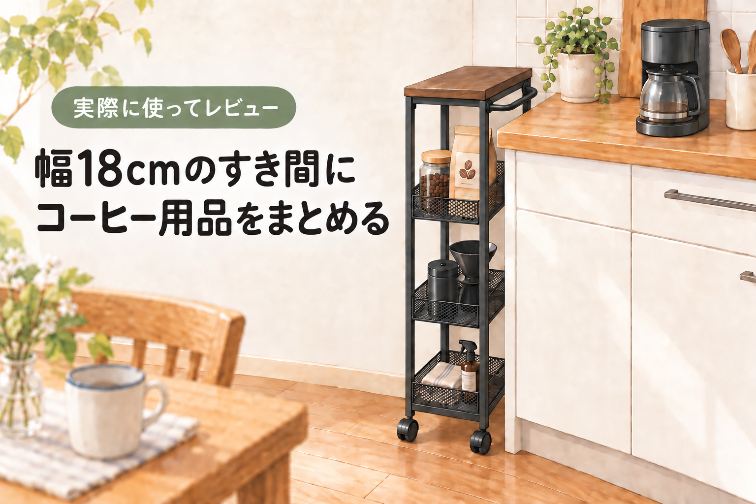 幅18cmのキッチンワゴンをコーヒーメーカー横に置いた使用イメージイラスト