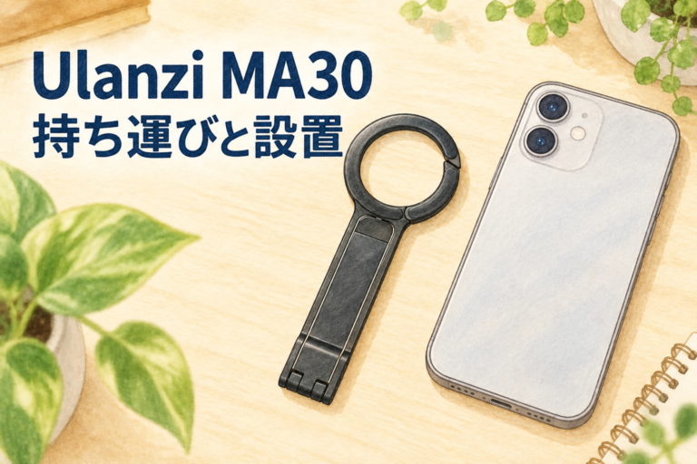 Ulanzi MA30の折りたたみ形状とスマートフォンを机上に置いた使用イメージ