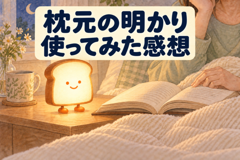 枕元でトースト型ライトを使って読書する水彩イラスト