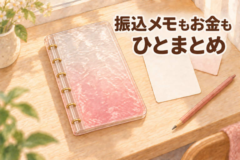 水面模様の表面と角の丸い長方形の外周を描いたPetyume A6貯金バインダー。「振込メモもお金もひとまとめ」の文字入り