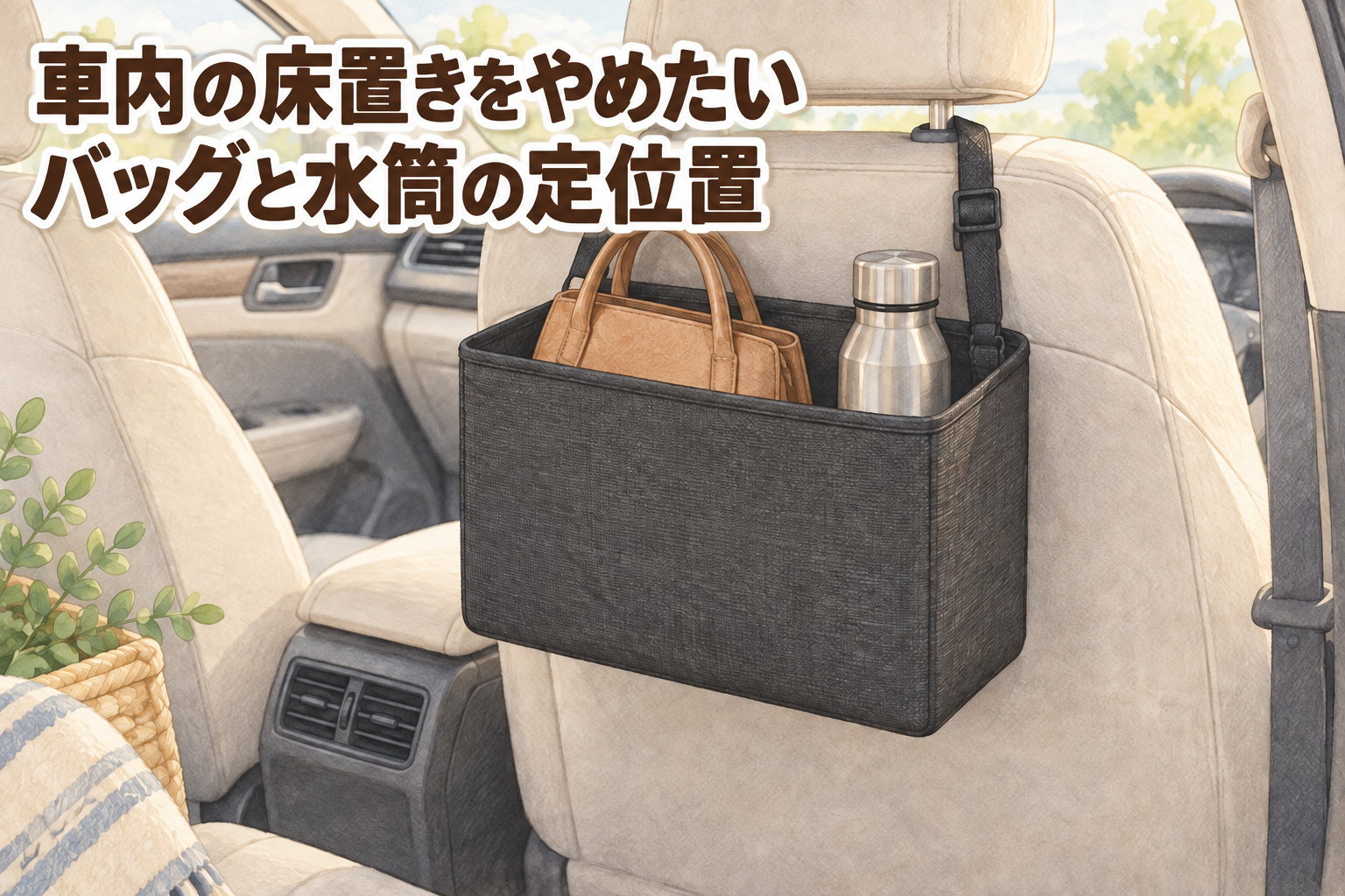 車内の床置きをやめたい人へバッグと水筒の定位置を示すシートバック収納のアイキャッチ