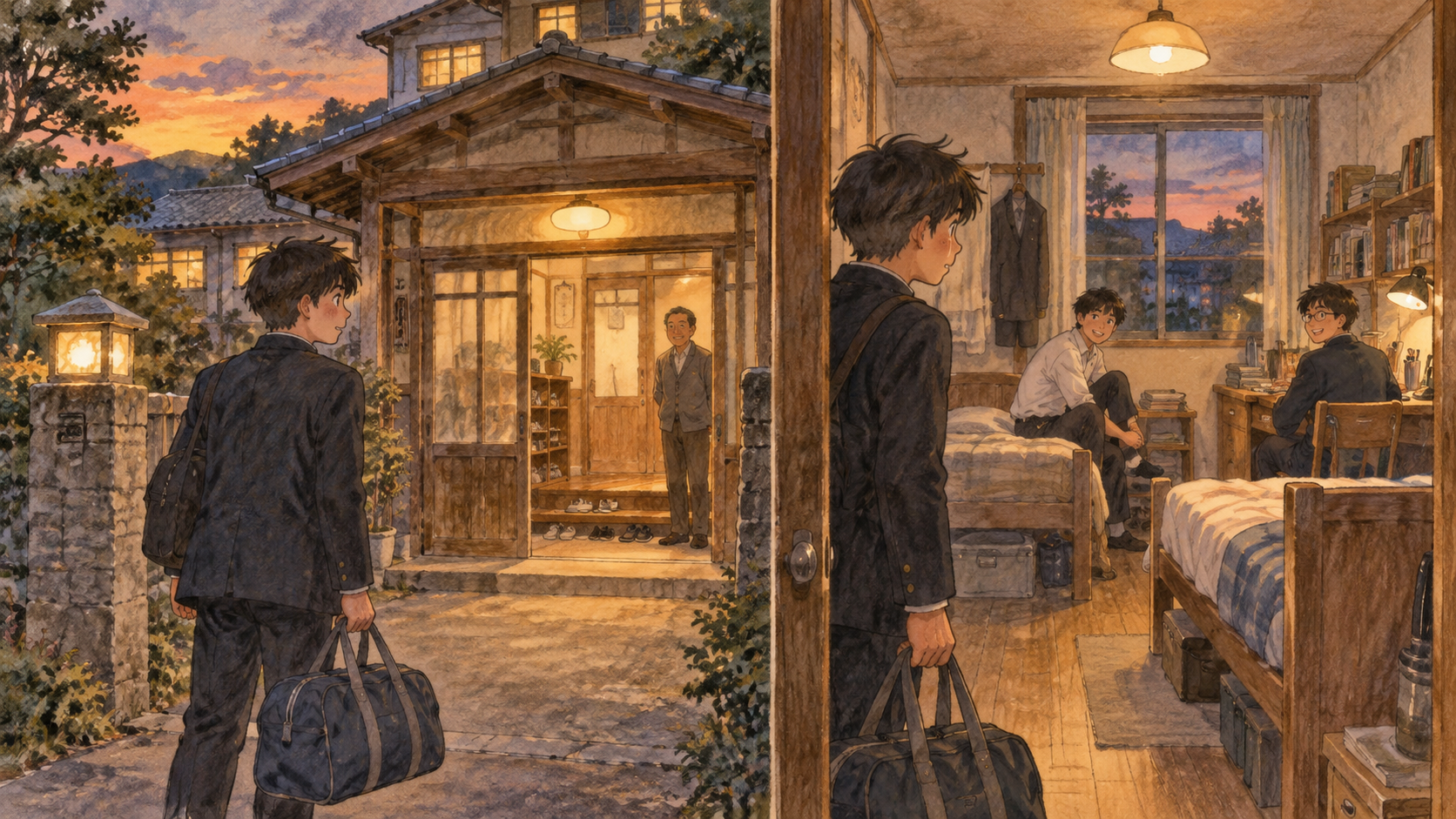 高校生が夕方の古い寮へ到着する場面のイラスト
