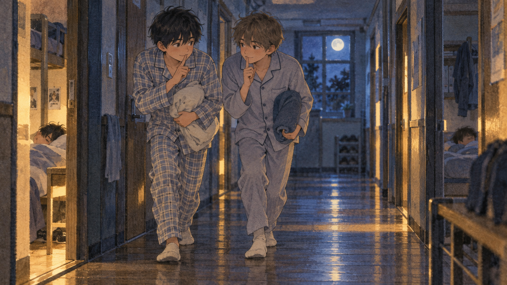 二人の高校生が消灯後の寮の廊下を静かに歩くイラスト