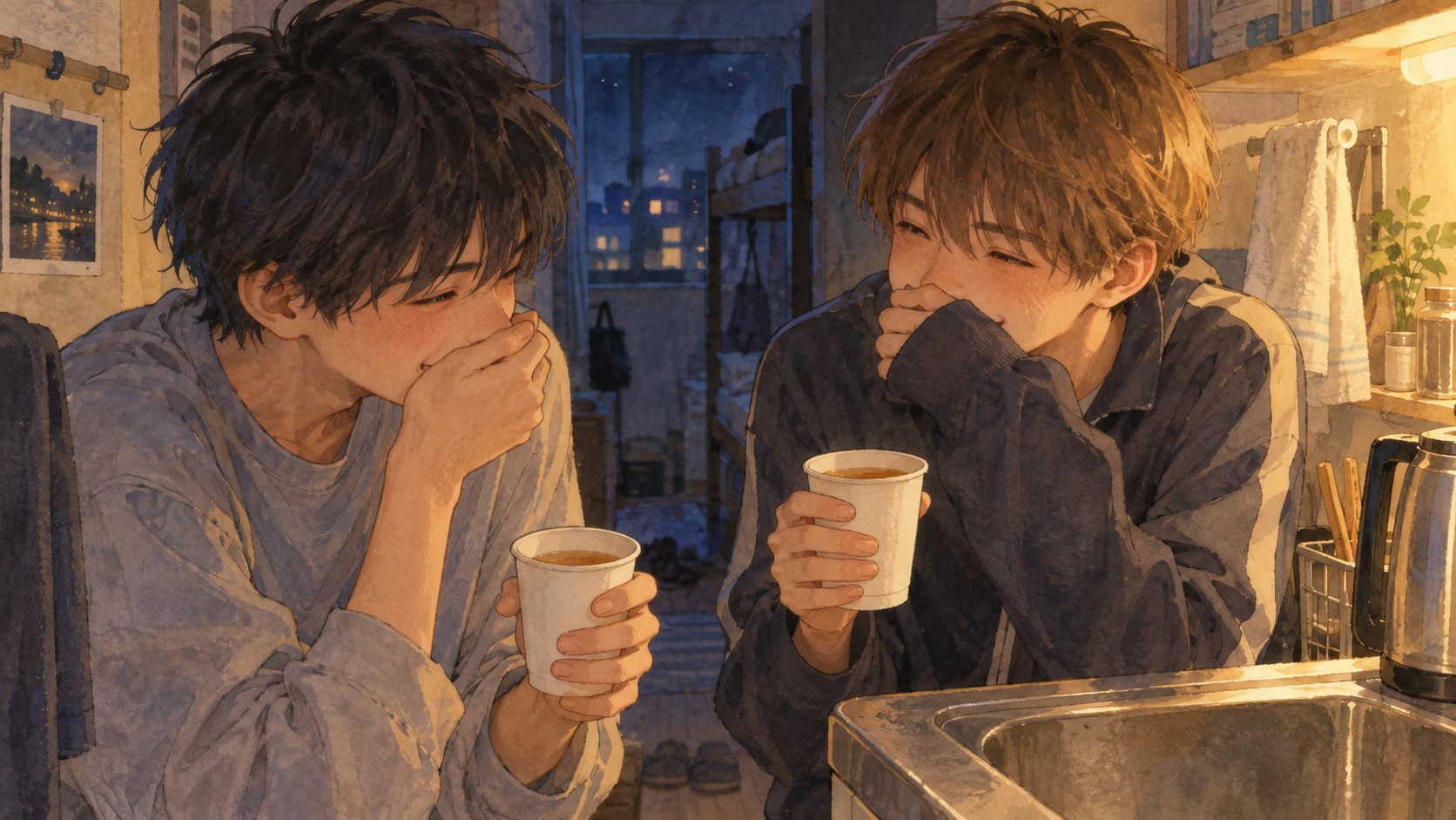 二人の高校生が紙コップの麦茶を持って声を抑えて笑うイラスト