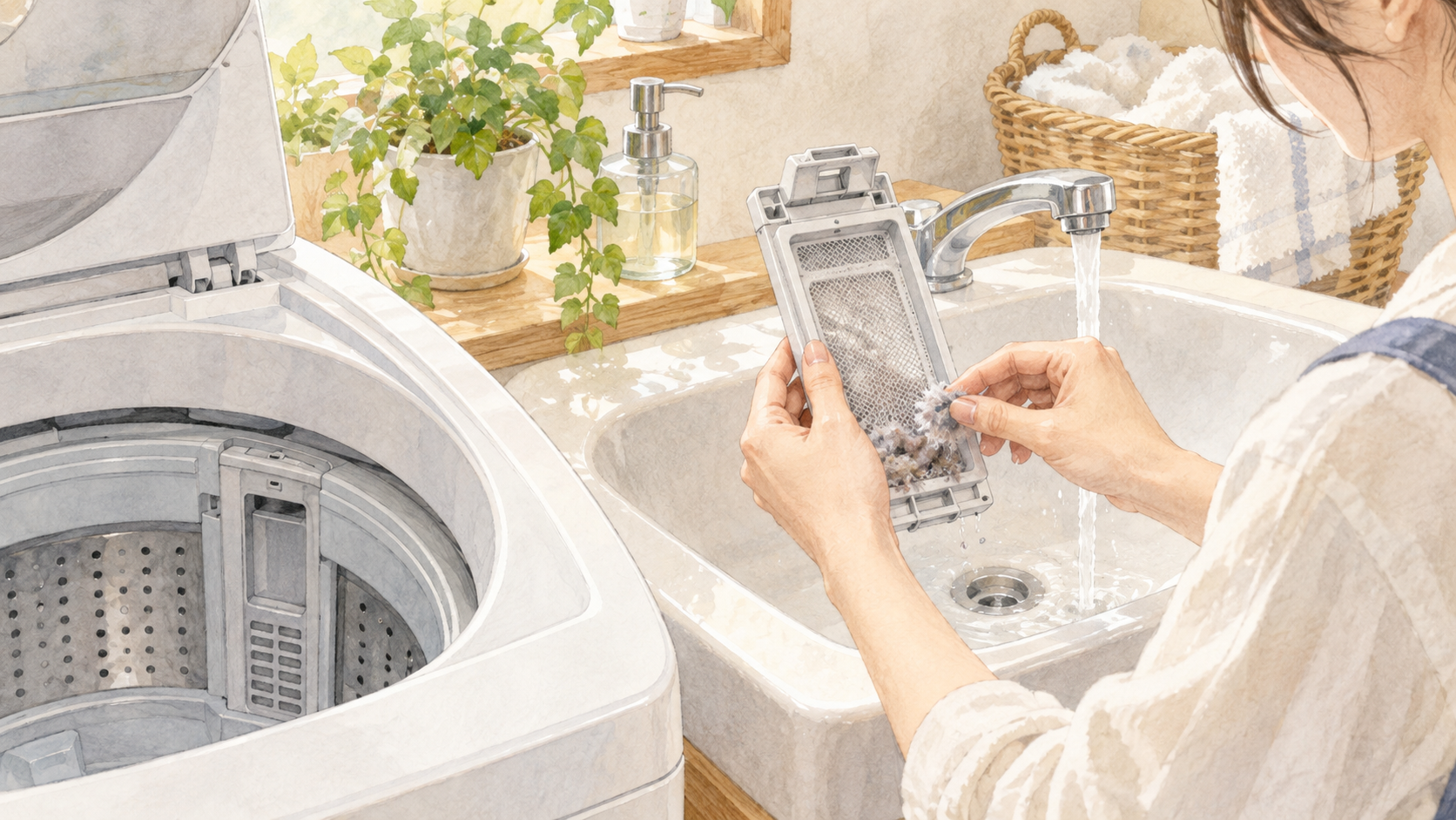 洗濯機の糸くずフィルターを外して掃除するイラスト