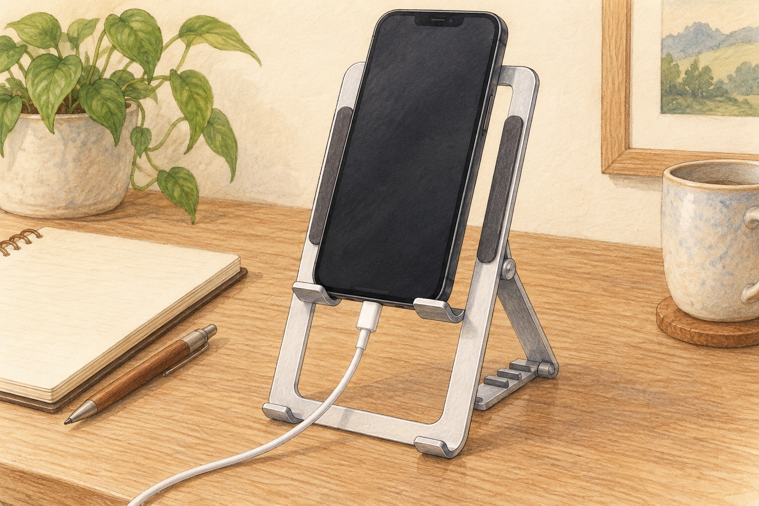 銀色のフレーム型スタンドにスマホを置いて充電する使用イメージ