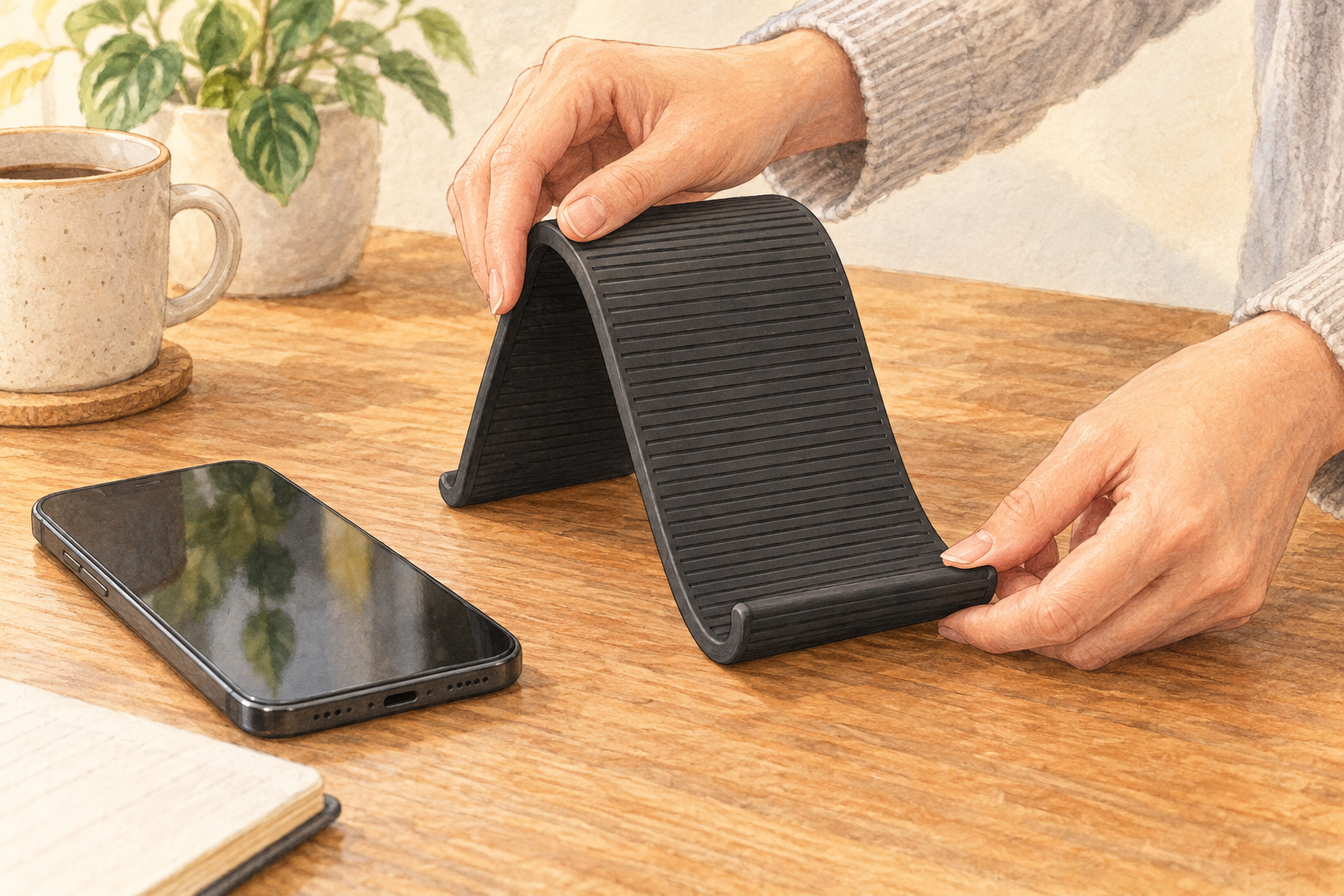 黒いシリコン製スタンドの形を手で調整するイラスト