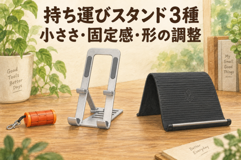 持ち運びスタンド3種の小ささ・固定感・形の調整を比べるイメージ