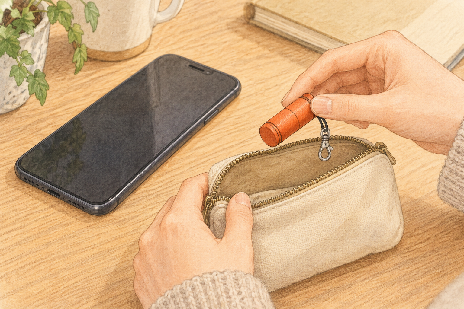 小さなオレンジ色の筒形スタンドをポーチへ入れるイラスト