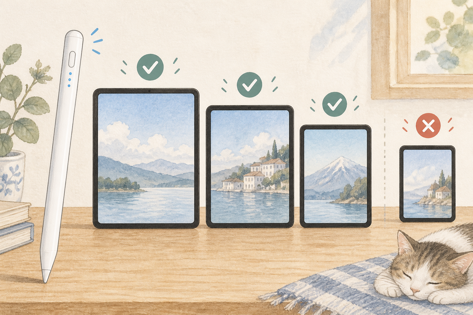 複数のiPadサイズと対応確認を表すイラスト
