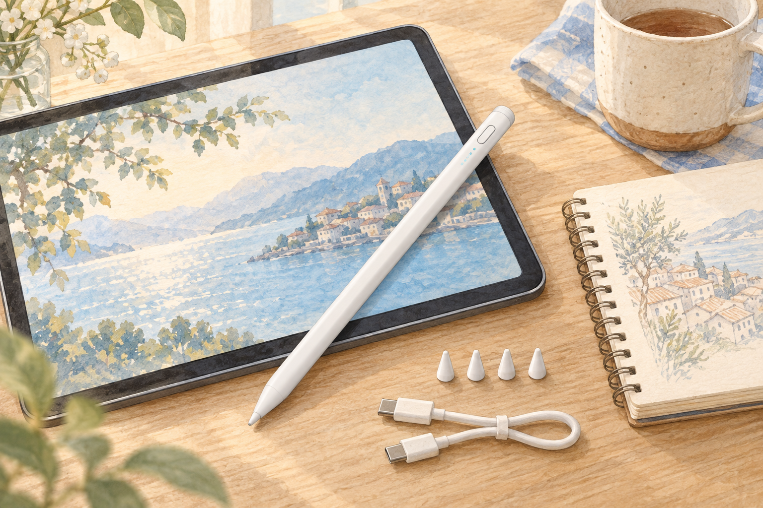 白いiPad用タッチペンと交換用ペン先、USB-Cケーブルのイラスト
