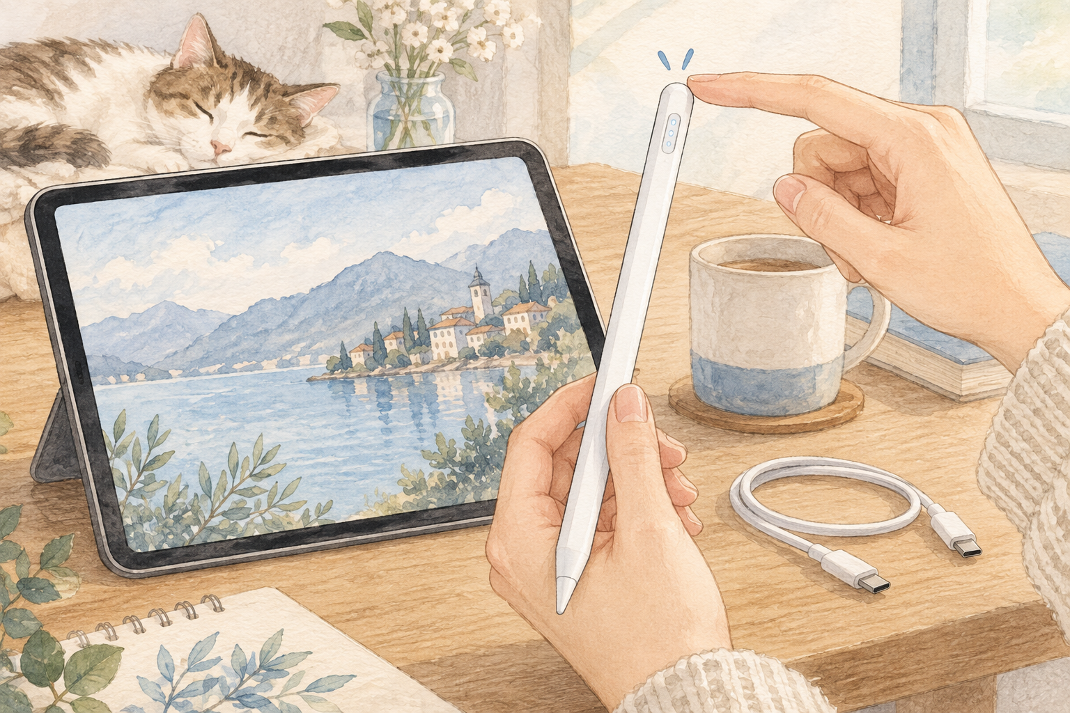 白いタッチペン上部を2回タッチして電源を入れるイラスト