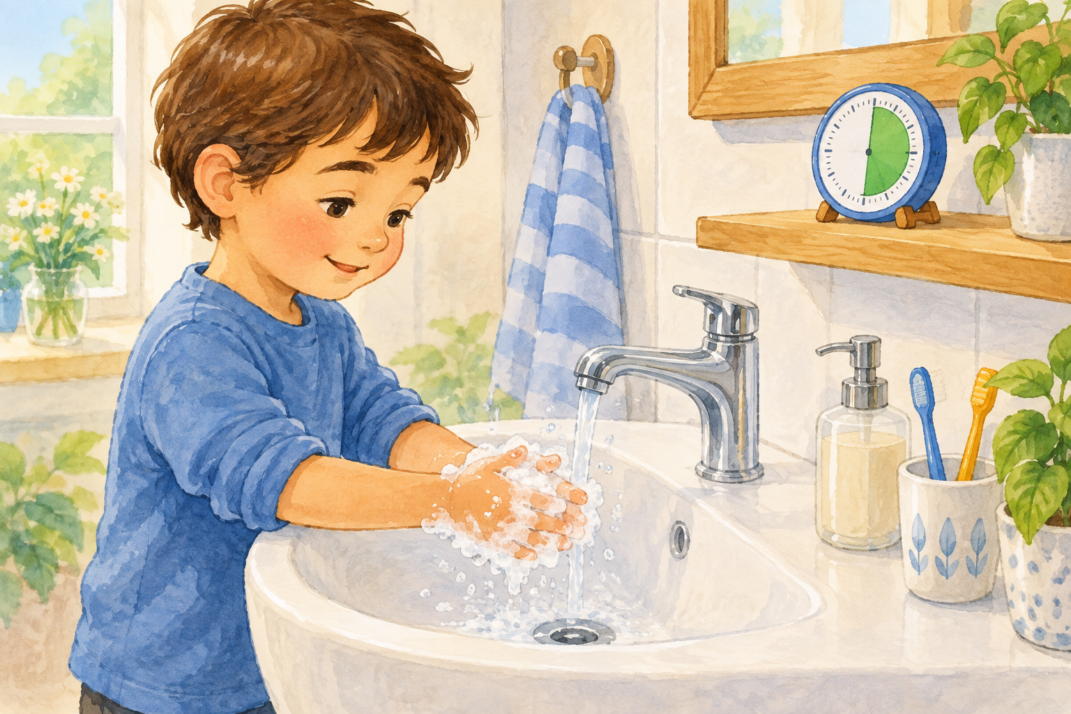 子どもが曲を目安に手を洗う様子を描いたイラスト