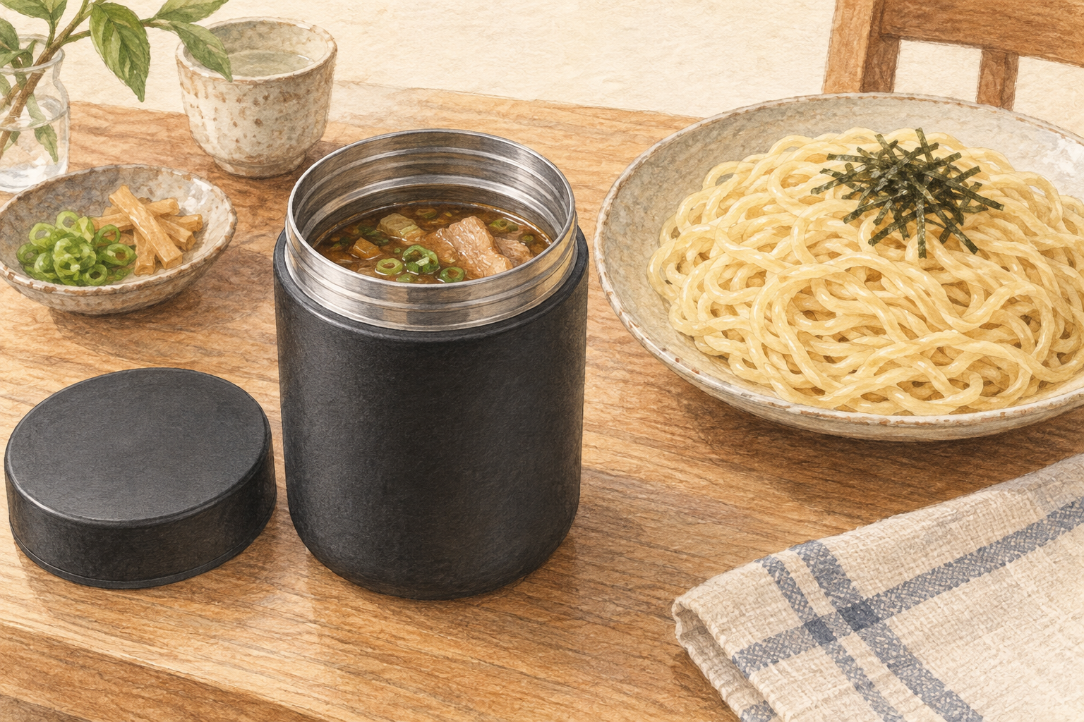ジャーに入れたつけ汁と、別の皿に盛った麺の使用イメージ