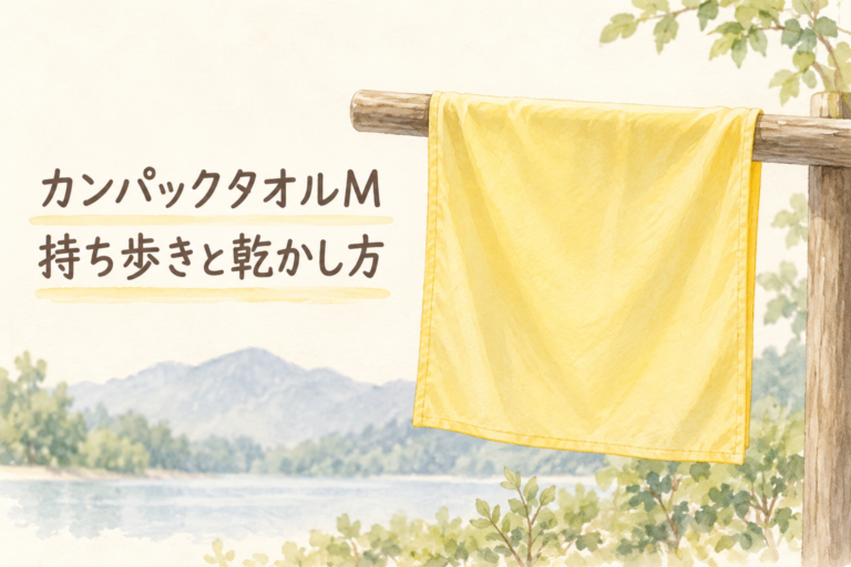 黄色の薄手タオルを木製のレールに掛けた使用イメージ。収納ケースは描いていません