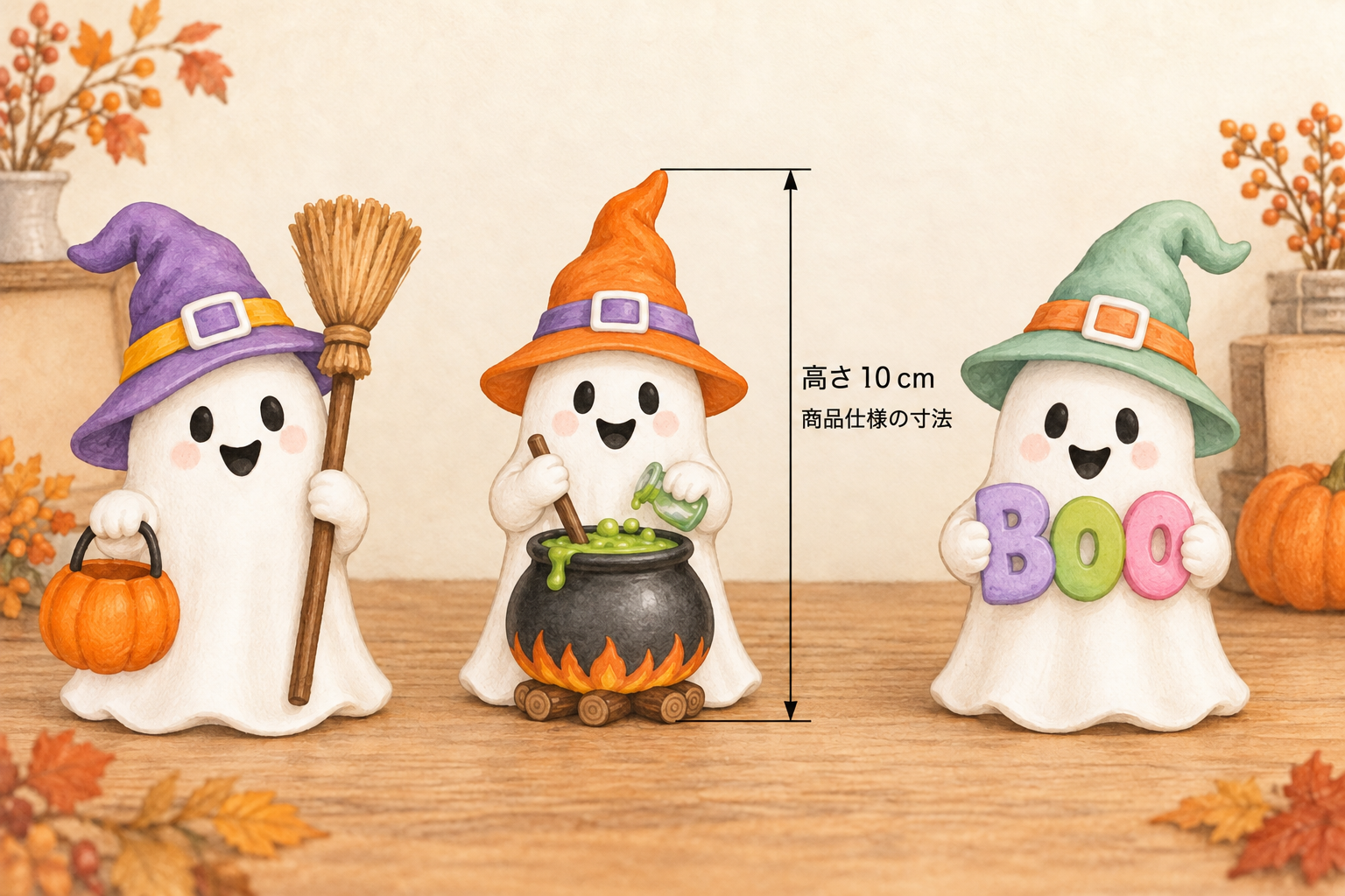 魔法の薬を作る幽霊の高さ10cmを寸法線で示した商品仕様のイラスト