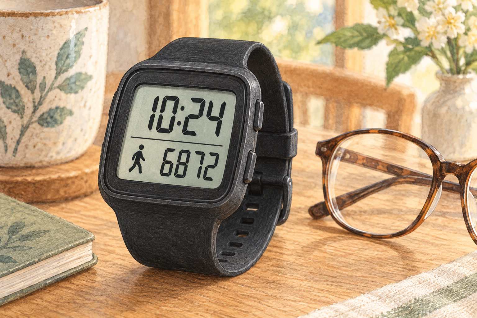 歩数計付き腕時計の大きなデジタル表示を示すイラスト
