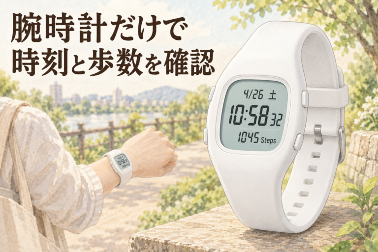 白い歩数計付き腕時計で時刻と歩数を確認するイメージ