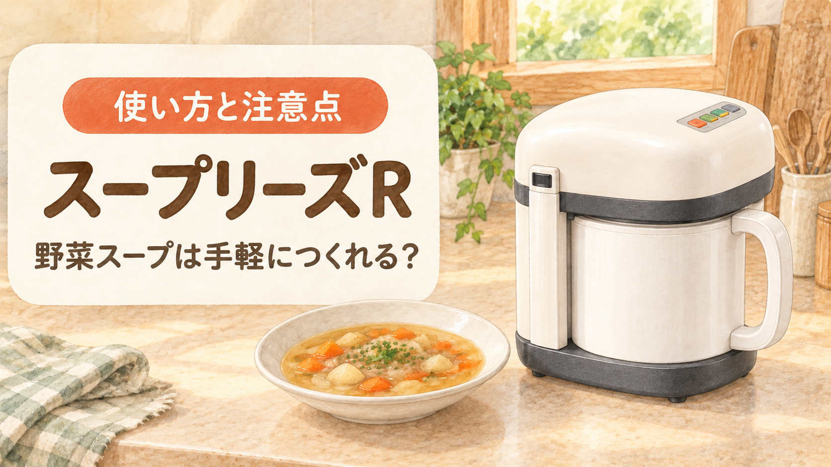 スープリーズR ZSP-4の形状と野菜スープを示すアイキャッチ