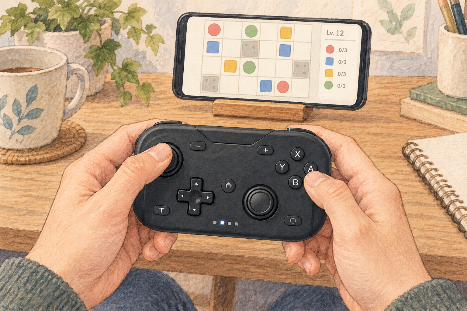 スマホを別のスタンドに置き、黒T50を両手で操作する説明用の場面