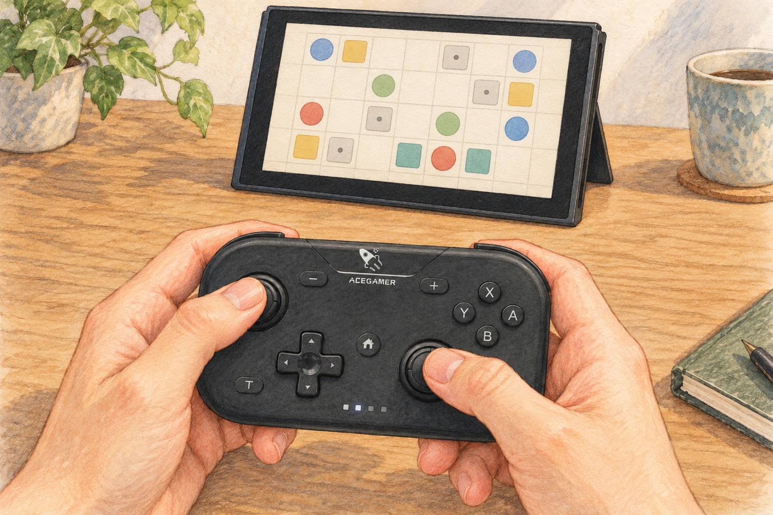 卓上に置いたゲーム機の画面を見ながら、黒T50を両手で操作する説明図