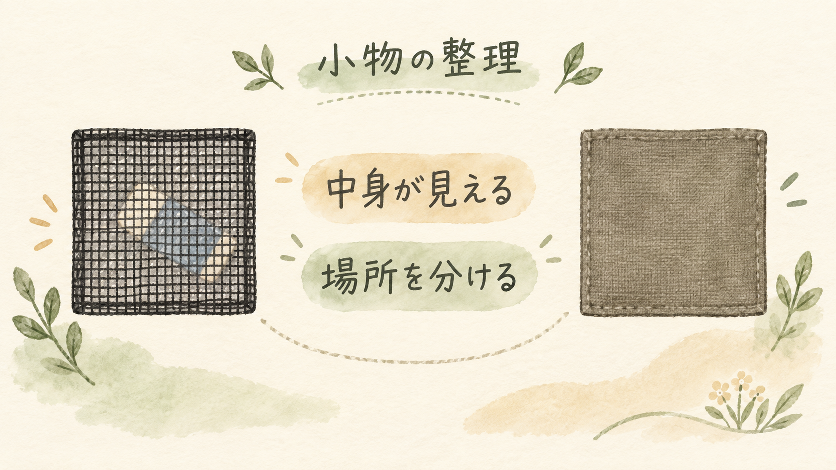 メッシュで中身を見やすくし、小物の場所を分ける考え方
