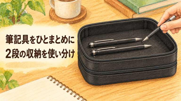 上段の自由収納から筆記具を取り出す