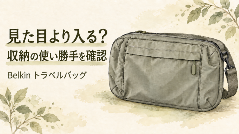 Belkinのオリーブ色のトラベルバッグと収納の使い勝手を紹介する水彩イラスト