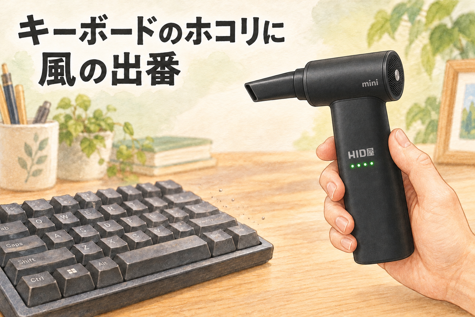 HID屋ブロワーminiをキーボードに向ける。キーボードのホコリに、風の出番