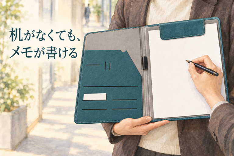 机のない場所でグリーンのA4バインダーを支えてメモを書く