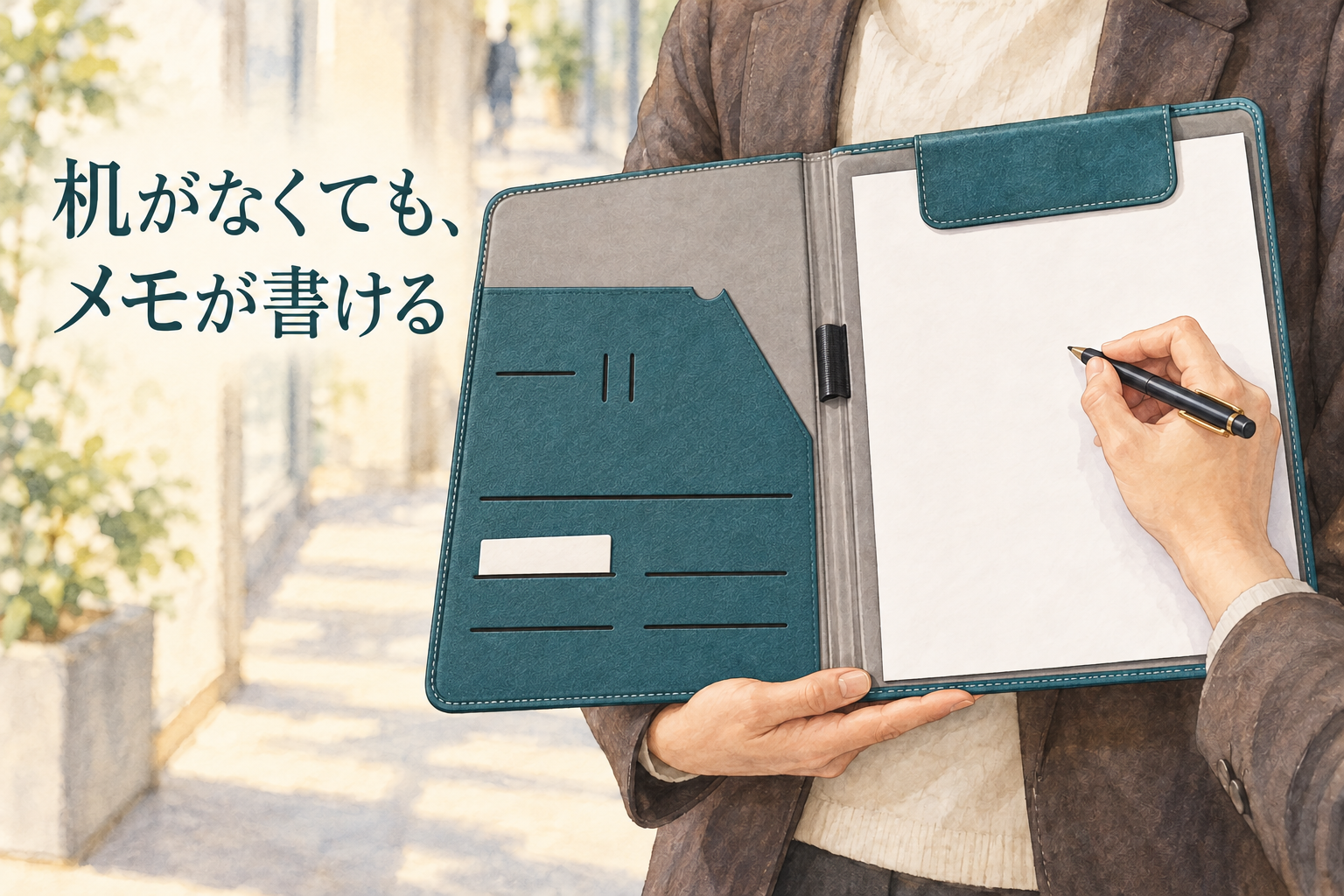 机のない場所でグリーンのA4バインダーを支えてメモを書く