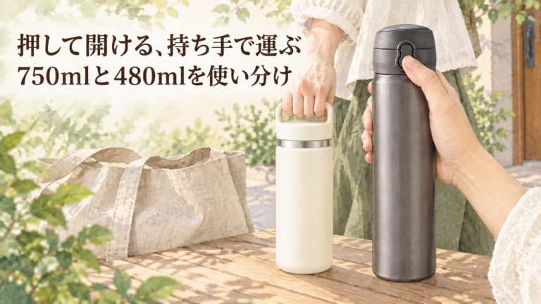 外出前にワンタッチ式と持ち手付きの水筒を準備
