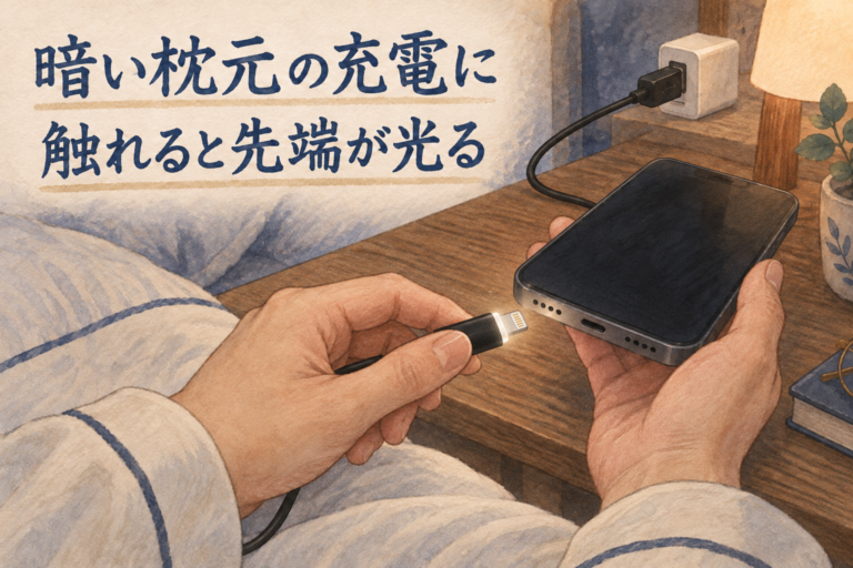 暗い枕元で、先端のLEDを使いLightning端子を充電口へ合わせる