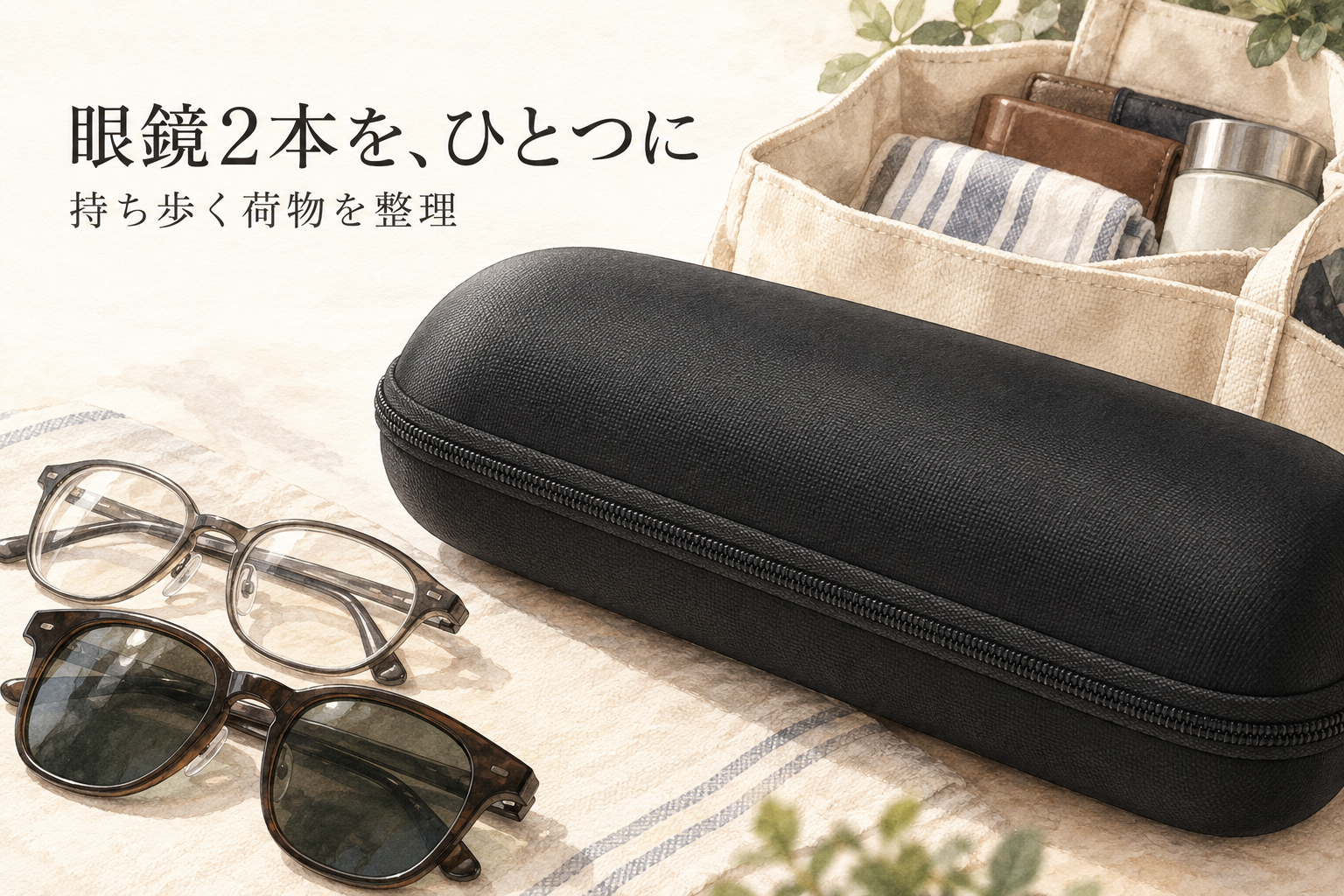 バッグのそばに置いた2本収納のメガネケース