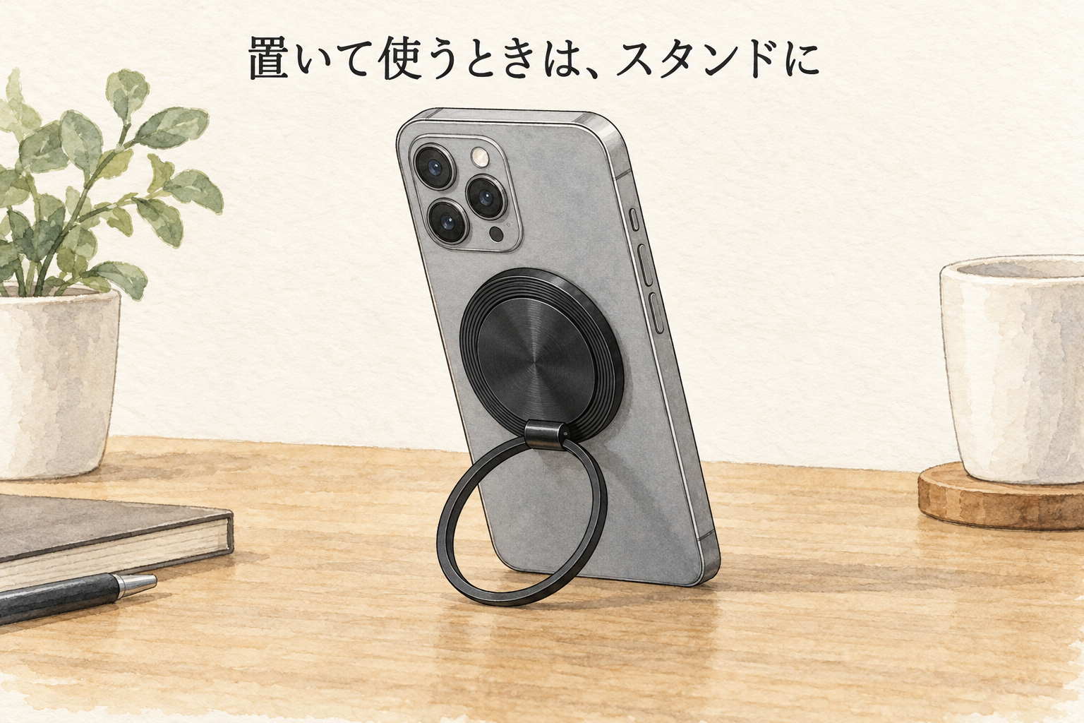 リングと端末の底で支える縦置き