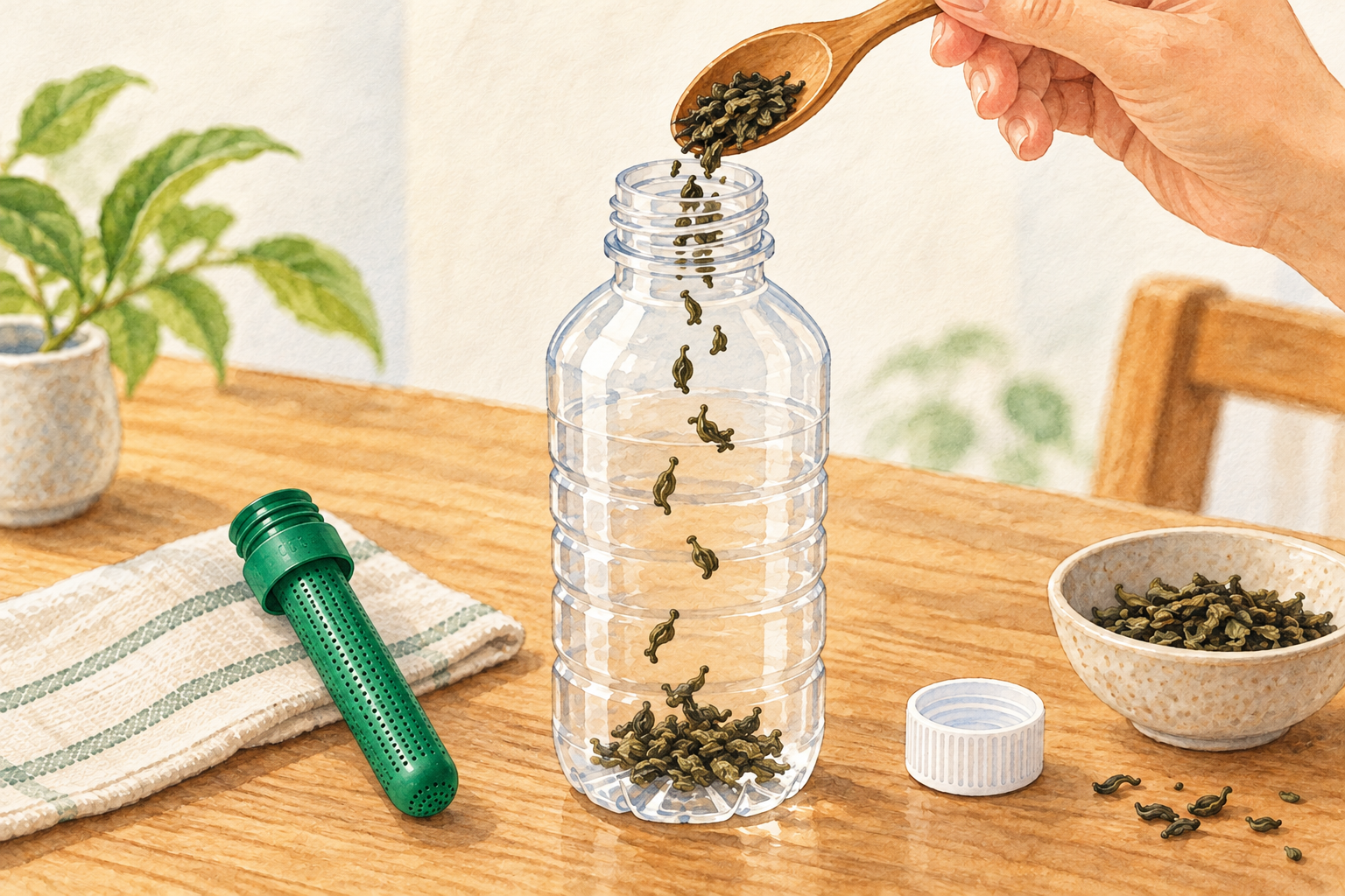 チャッティーを付ける前に、茶葉をペットボトルの中へ直接入れる