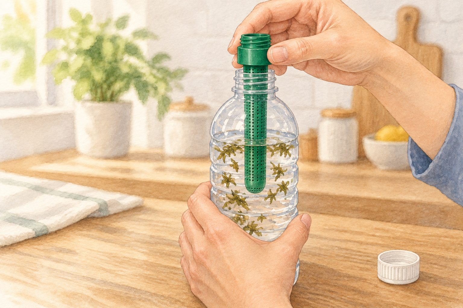 細長い茶こしをボトル内へ差し込み、上のカラーを飲み口へ取り付ける
