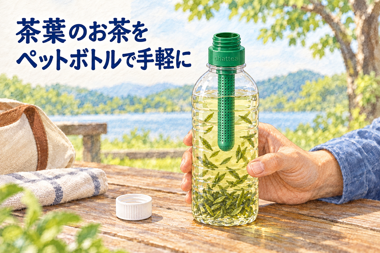 茶葉のお茶をペットボトルで手軽に。ボトルへ装着したチャッティー、緑色は一例
