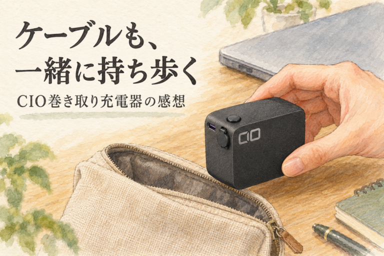 ケーブルも、一緒に持ち歩く。CIO巻き取り充電器の感想。収納した黒本体とポーチ