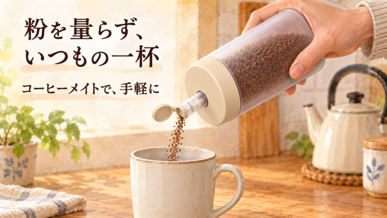 コーヒーメイトの細い口先からカップへインスタントコーヒーの粉を出す場面